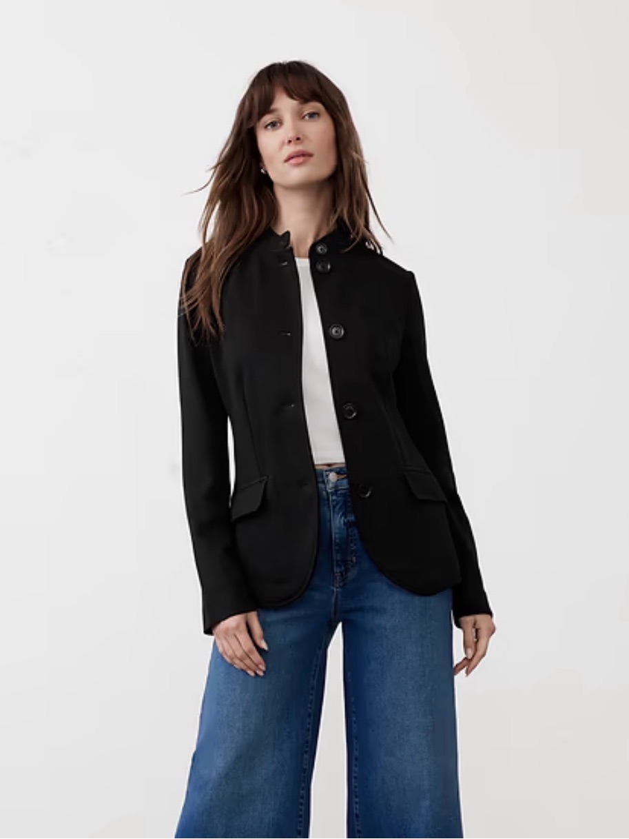 Banana Republic Factory Black Button-Up Stand-Collar Pique Jacket